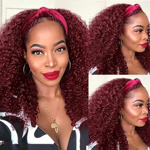 Image of 99J Burgundy Headband Wig Human Hair Kinky Curly Headband Wigs for Black Women #99J Curly Headband Wig Human Hair Glueless Wear and Go None Lace Front Wig Brazilian Virgin Hair 18 Inch