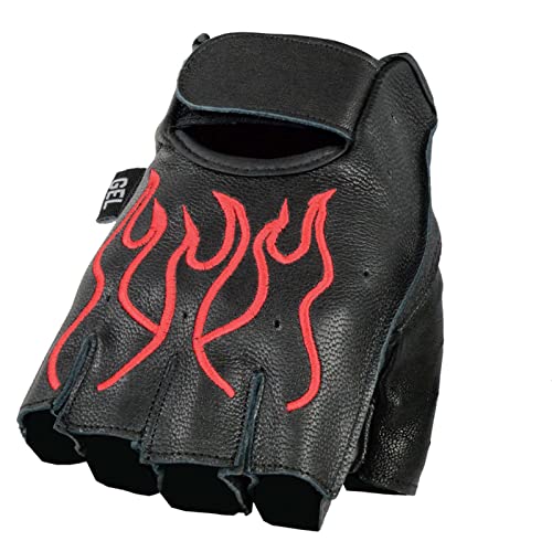 Milwaukee Leather SH198 Men's Black and Red Flamed Embroidered Fingerless Leather Gloves (Medium)