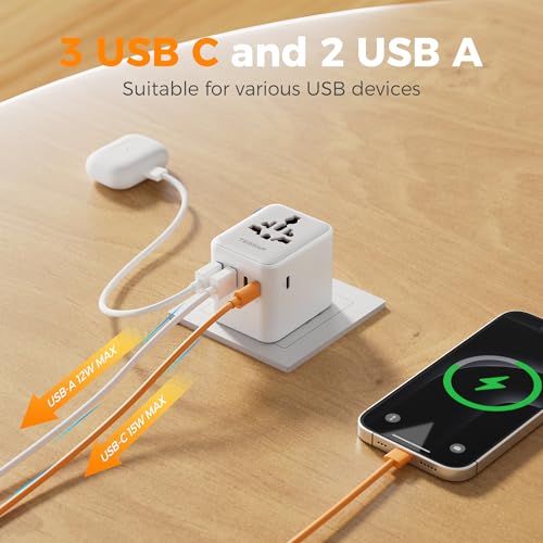TESSAN Universal Travel Adapter 28W, Worldwide Plug Adaptor with 2 USB A and 3 USB C Ports, International Travel Adapter for EU, UK, USA, AU, Power Socket Charger for Multi Countries, Grey White - Image 5