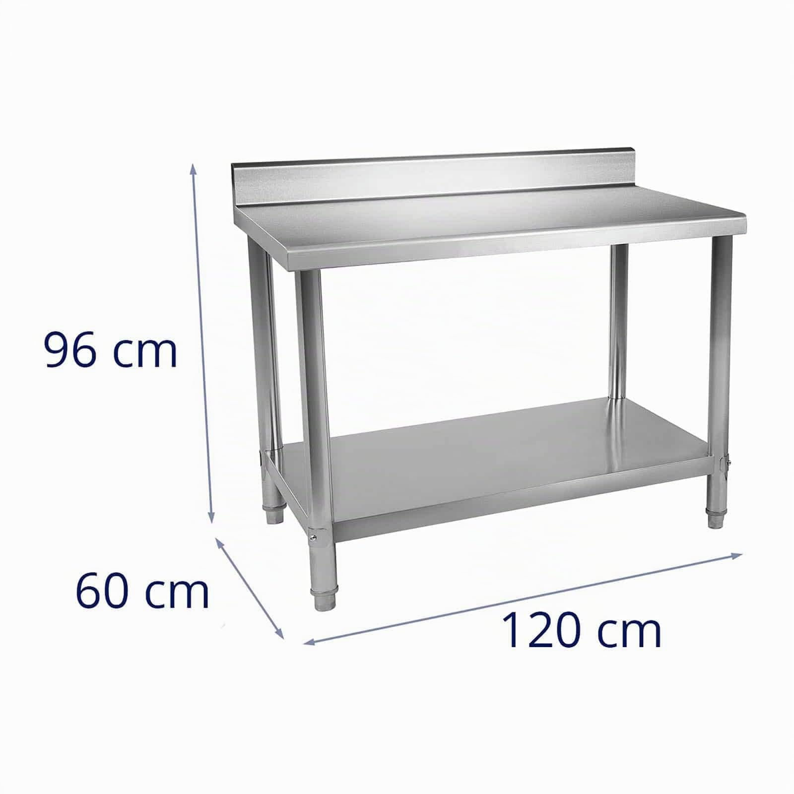 Royal Catering RCAT-120/60-S Table de Travail Plan de Travail (120 x 60 cm, Deux étages, 400 kg, avec Rebord, Panneau HQ Pieds réglables, Acier Inoxydable)
