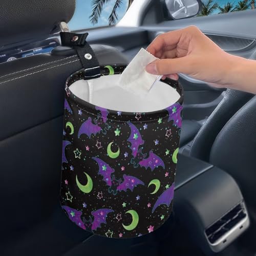 Image of Pensura Car Trash Can Adjustable Buttons Camping Trash Can Collapsible Accessories Universal Purple Halloween Bat Hanging Car Garbage Bag for Women Interior for Most Cars