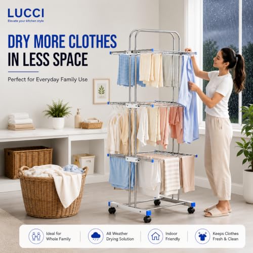 Image of LUCCI Premium Heavy Duty Foldable Stainless Steel Cloth Drying Stand, 3 Tier | Mirror Finish | Portable Laundry Rack | Clothes Dryer Stand with Wheels | Foldable, Movable & Space-Saving Drying Rack