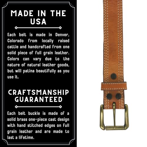 R.G. BULLCO Men's 1-1/2" Genuine Premium Real Full Grain Tan Leather Belt with Triple Stitch Edge Trim - Style-1133