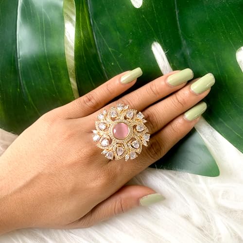 Image of I Jewels Rose Gold Plated Valentines Special Stylish Fashionable Design Floral CZ American Diamond Adjustable Finger Rings For Women & Girls (FL241)