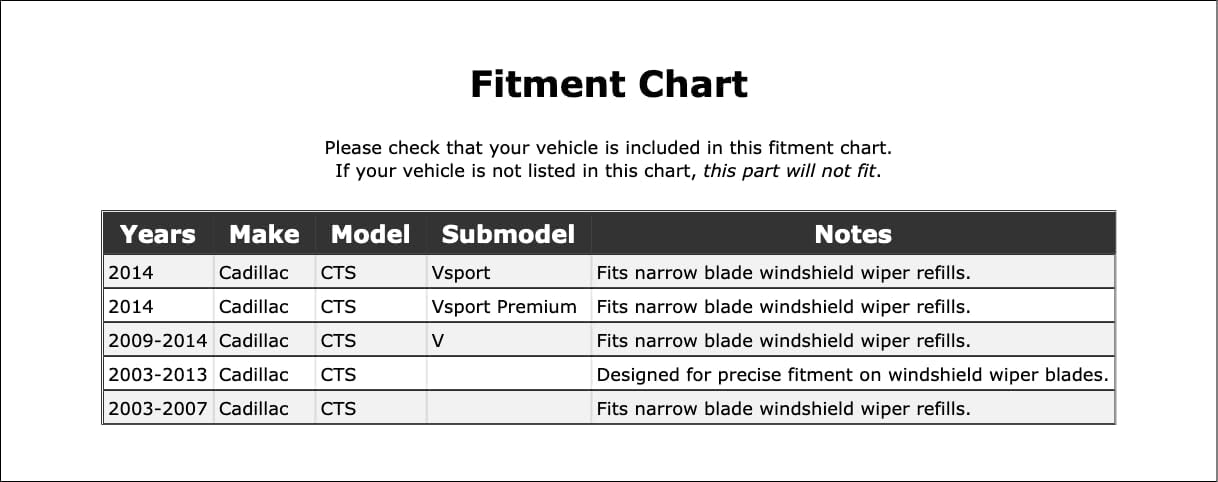 Left OR Right Windshield Wiper Blade Refill Compatible With Cadillac CTS 2014 2013 2012 2011 2010 2009 2008 2007 2006 2005 2004 2003 P-3173964