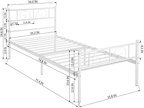 Miniatura 2 de GIME Marco de cama blanco tamaño individual con marco de cama individual de almacenamiento, no necesita somier, camas individuales de metal para