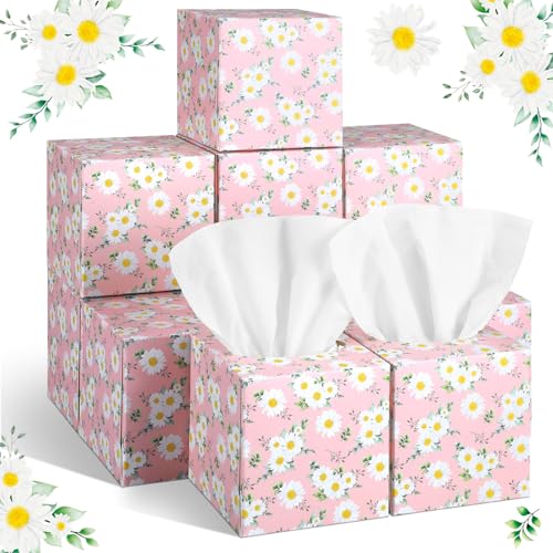 Image of Fourluoo 12 Pack Daisies Floral Facial Tissues Cube Boxes 600 Sheets 3 Ply | Summer Pink Daisy Floral Pattern Face Tissue Bulk for Car Bedroom Office Supplies, Disposable Tissue Cube Box