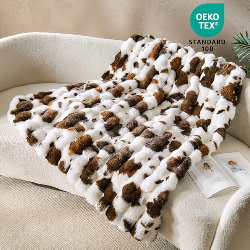 DOWNCOOL Faux Fur Throw Blanket for Couch, Ultra Soft Fluffy Fuzzy Plush Bubble Blanket for Sofa Bedroom Living Room, Cozy Warm Luxury Fleece Minky Blanket, 50x60 Inches Cow Print-Brown by DOWNCOOL - Used condition - Image 4