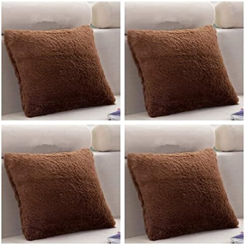 SET OF 4 - Extra Soft Teddy Bear Faux Fur Fleece Cushion Covers 45cm x 45cm / 18x18-14 Amazing Colours (Brown)