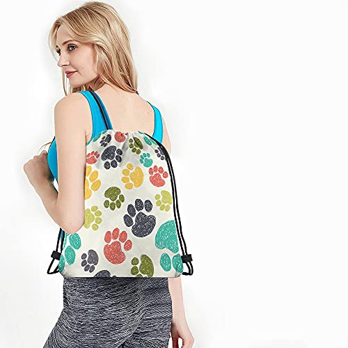 Beabes Paw Pattern Drawstring Bags Backpack Bag Cute Colorful Hand Drawn Doodle Prints Pet Puppy Footprint Drawing Sport Gym Sack Drawstring Bag String Bag Yoga Bag For Men Women #TOP3