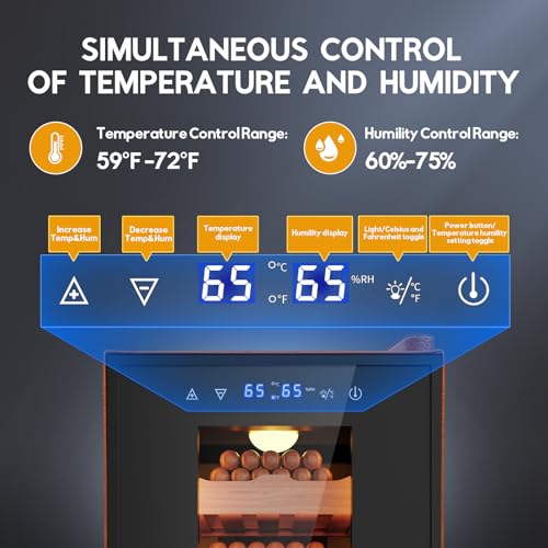 Image of Tylza Leather Trim Cigar Humidor, 25L Cigar Humidor Cabinet with Auto Humidity & Temp Control, 220 Counts, 3 LED Lights, Spanish Cedar Wood, Cigar Humidors with Safety Lock, Gifts for Men