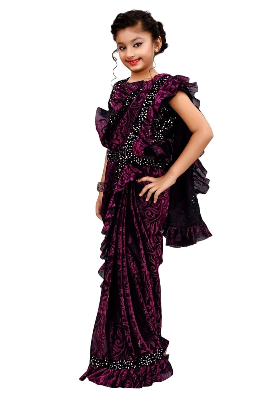 Dhyey fashion Girl's Lycra Blend Ruffle Saree and Velvet Unstitched Blouse Piece | Readymade Saree For Girls | Sarees For Girls | Delta Kids Ruffle Pink Saree 3-4 Years S - Image 4 thumbnail