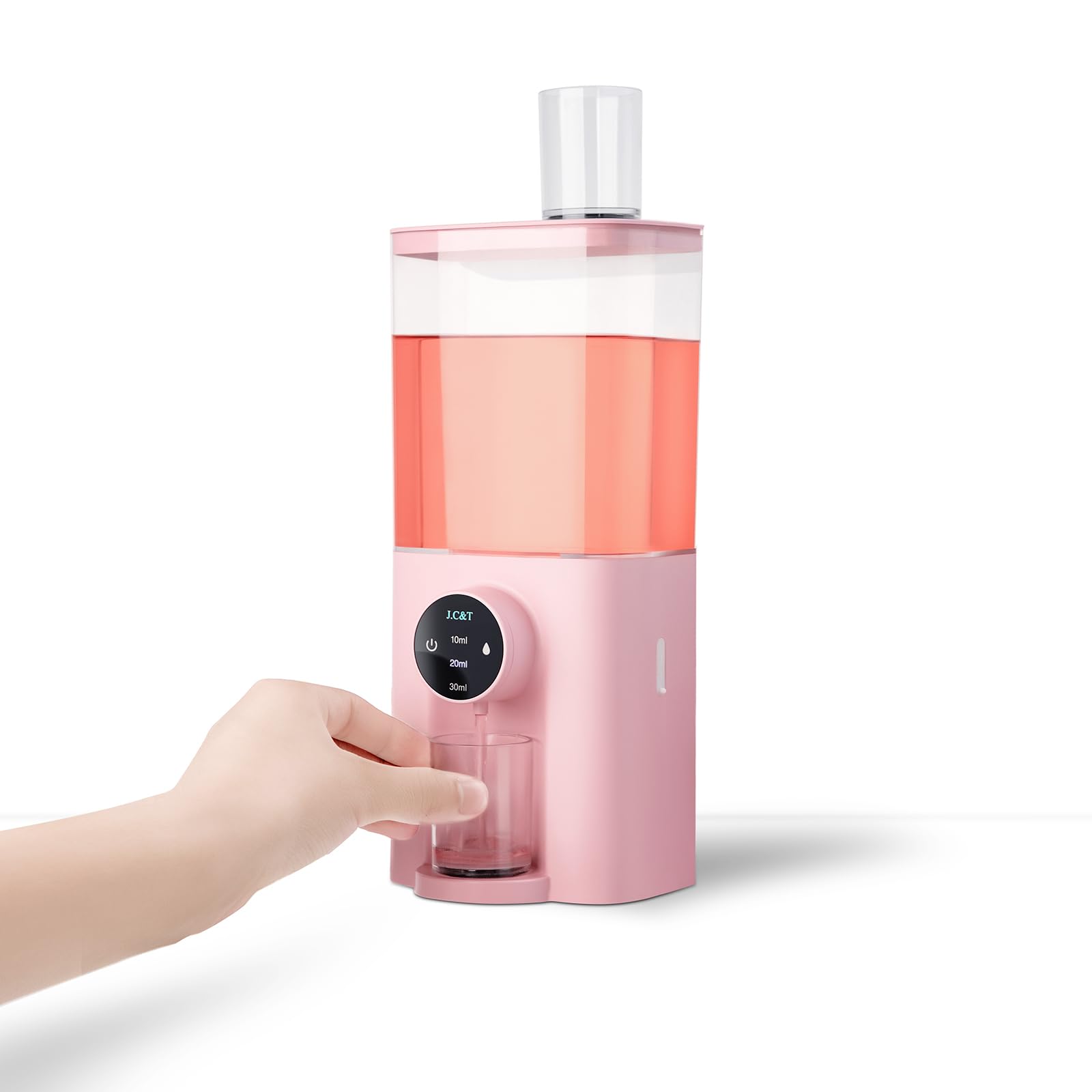 J.C&amp;T Automatic Mouthwash Dispenser for Bathroom,22 FlOz Dispensers with Magnetic Cups,Toothbrush Holders Wall Mounted Adjustable Dispensing Levels,Suitable for All Age Groups,Pink