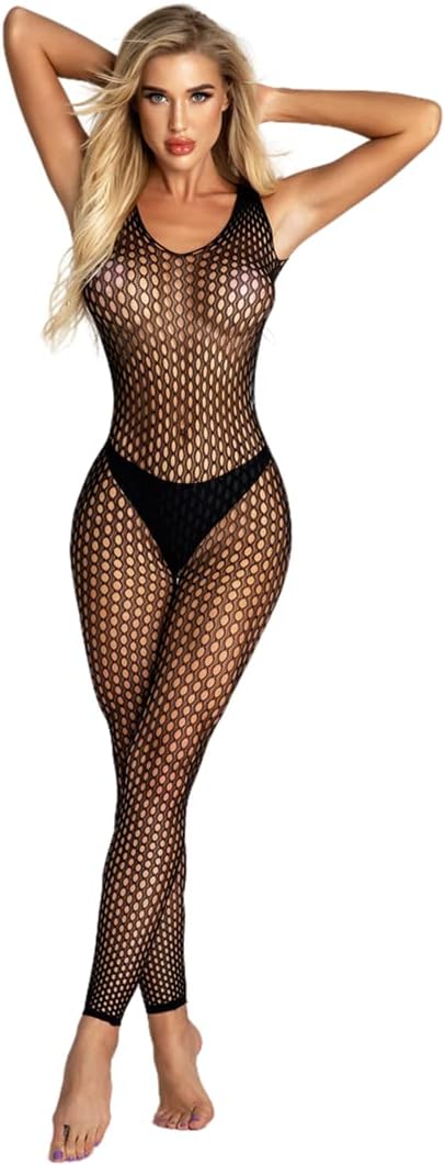 Women's Sexy Mesh BodyStocking Fishnet Lingerie Long Sleeve Bodysuits One Piece Jumpsuit Underwear Nightwear