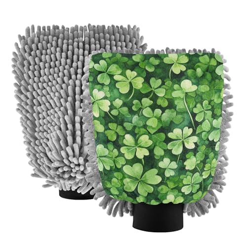 St.Patrick Green Shamrocks Car Wash Mit 2 Pack Gloves for Cars Washing Scratch Free Detailing Gloves for Auto Supplies
