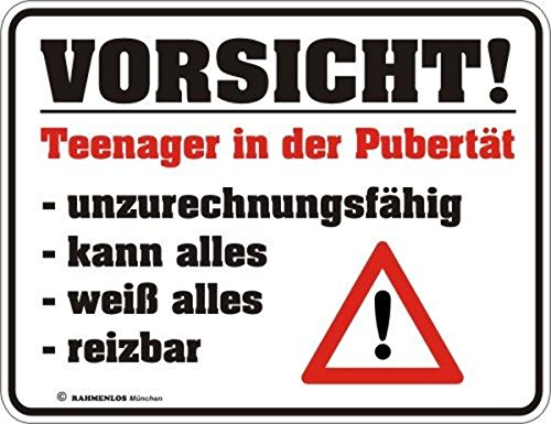 RAHMENLOS Original Blechschild für genervte Eltern: Vorsicht Teenager in...