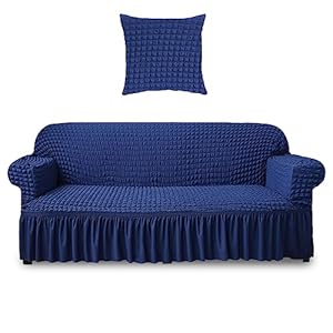 Neween Loveseat Sofa Slipcover Washable 1-Piece Sofa Cover with Skirt, Universal Stretchy Furniture Protector Couch Cover with 1 x Pillowcase Country Style for Kids, Pets (Medium, Navy Blue)