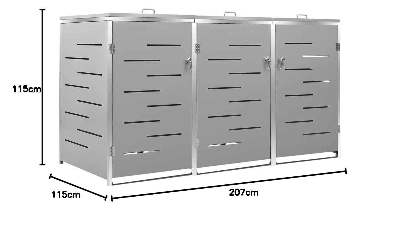 Hommdiy Mülltonnenbox für 3 Tonnen 207x77,5x115 cm Rahmen aus Edelstahl Mülltonnenverkleidung Müllbox Mülltonne Müllcontainer Gartenbox Gerätebox Mülltonnenschrank Grau