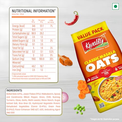Image of Kwality Classic Masala Oats 500g | Healthy Breakfast | High Fiber & Protein | Ready-to-Cook | Spicy Flavor
