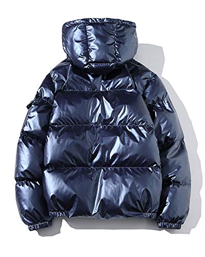 Image of ebossy Men's Metallic Hooded Puffer Jacket Winter Full Zip Down Alternative Quilted Padded Coat (Large, Navy)