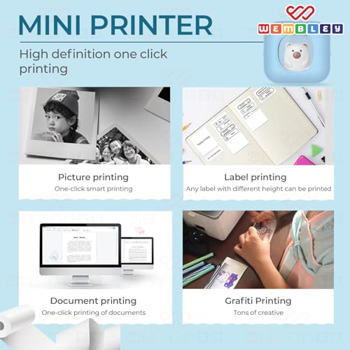 Image of Wembley Mini Bear Themed Thermal Printer| Portable, Wireless & Rechargeable| Safe & Ink-Free Color Printer for Kids Age 5+| Print Anytime, Anywhere (Blue)