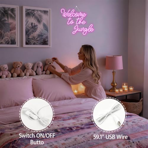 Image of Welcome to the Jungle Neon Sign Pink Led Word Neon Light Signs for Wall Decor Usb Letter Light Up Sign for Bedroom Nursery Kids Room Garden Home Wedding Birthday Party Decorations Gifts | Pink Neon Sign, Birthday Parties, Wedding Celebrations, Outdoor Decor, Gift for Teens, Families and Outdoor Jungle Lovers