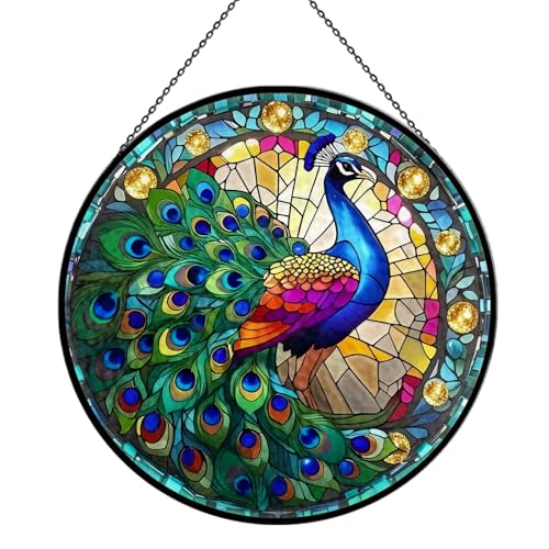 Alien Spaceship Stained Glass Window Hanging, 7.9" UFO Sun Catcher Glass Panel Boho Wall Art Decor, Hand Painted Round Ornament for Friends, Art Lover, Astronomer