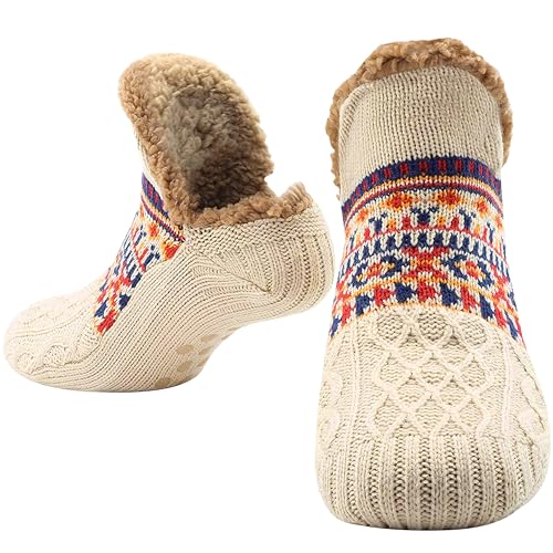 CityComfort Calcetines Hombre Invierno, Calcetines de Andar por Casa Antideslizantes, Regalo para Hombre y Adolescente (40/43.5 EU, Beige)