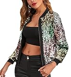 ORANDESIGNE Baseball Jacke Damen Pailletten Reißverschluss Langarm Jacken Frühling Herbst Kurze Jacke Outwear mit Taschen Frauen Retro Casual Baseball Bomberjacke Bikerjacke F Grün S
