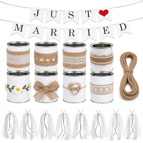 8 handgefertigte Hochzeits-Blechdosen – Hochzeitsauto-Banddekorationsset, Just Married Getaway...