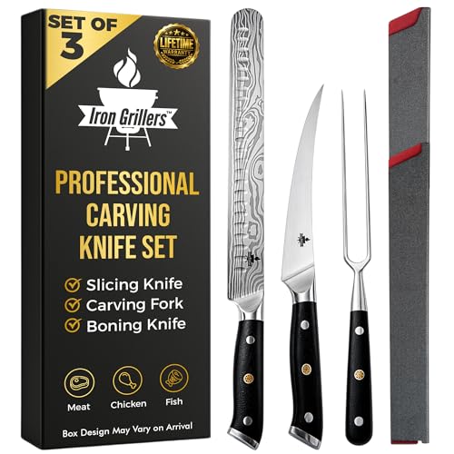 Iron Grillers Professional Carving Knife Set for Meat, Brisket & BBQ - 12' Slicing Knife, 6' Boning Knife, 6' Carving Fork - Full Tang & Ergonomic, Razor Sharp German Steel - Grilling Gifts for Men