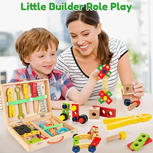 Bravmate Wooden Kids Tool Set - 37 Pcs Montessori Building Kit Toy With Tool Box, Stem Educational Toys For 2 3 4 5 6 Year Old Boys Girls Toddlers, Christmas Birthday Gift For Kids #TOP5
