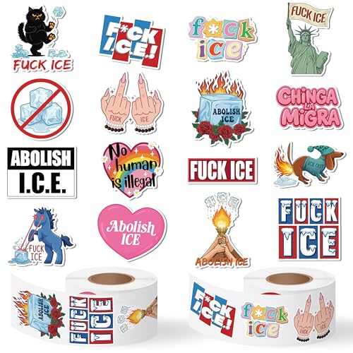 Eartim Abolish ICE Sticker Rolls - 1000Pcs Fuck ICE Stickers No Human is Illegal Chinga La Migra Waterproof Self-Adhesive Decorative Decals for Bumper Laptop Water Bottle Skateboard Phone Fridge Decor
