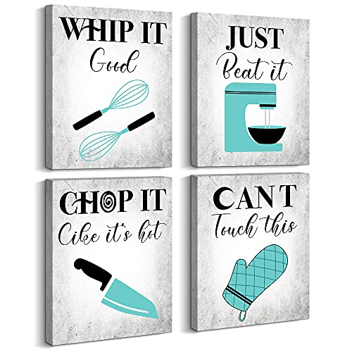 ARTINME Teal Kitchen Quotes Wall Art - Set of 4 Retro Vintage Inspirational Canvas Poster Prints Sign for Dining Room Cafe and Restaurant Home Decorations