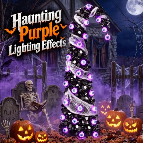 DTNESS 5FT Pop Up Halloween Tree with 35 Purple Eyeball Lights & Spider Web - image 6