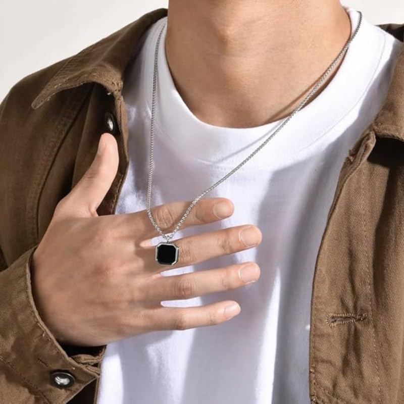 Image of Black Square Stainless Steel Necklace locket pendant Silver chain for Men and Women Unisex Jewellery