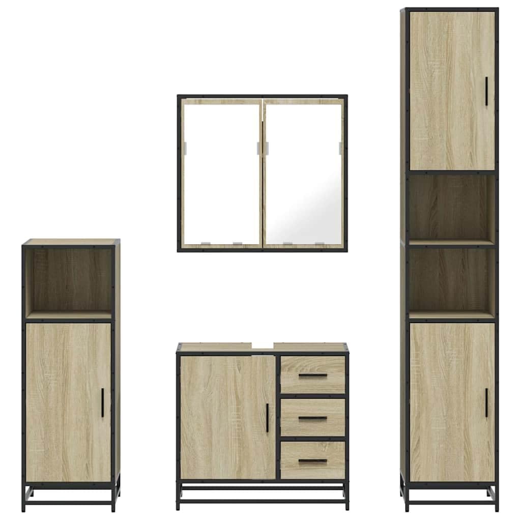 Set Mobili da Bagno 4 Pezzi Rovere Sonoma e Metallo | Arredo per il bagno con mobile specchio, sottolavabo e due colonne salvaspazio in stile industriale.