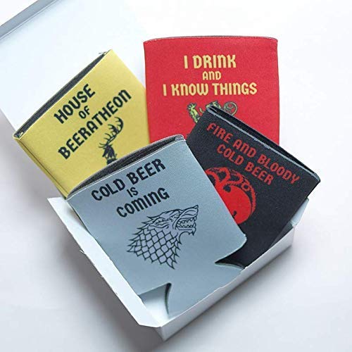 Game of Thrones Inspired Merchandise, Collectible Set of 4 House Sigil Beer Sleeves for Bottle and Cans with Witty Phrases - Packaged in Gift Box