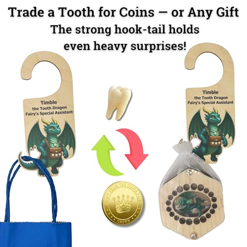 Enchanting Tooth Fairy Door Hanger & Timble the Tooth Dragon Keepsake Set – Magical First Tooth Tradition Gift for Kids with Storybook and Coin Pouch - Image 3
