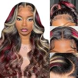 FABA Red and Blonde Human Hair Wig 24 Inch Skunk Stripe 180% Density Black With Red Highlights 13x4 HD Lace Body Wave Colored