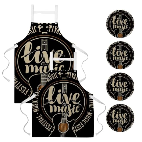 Lot de 2 tabliers de cuisine avec 4 broches à motif guitare multicolore
