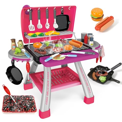 AuroTops Pink Kitchen Toy Set, Kids Grill Playset with Smoke, Sound & Light, Little Chef Play,Cooking Interactive Toys Christmas Birthday Gift for Boys Girls