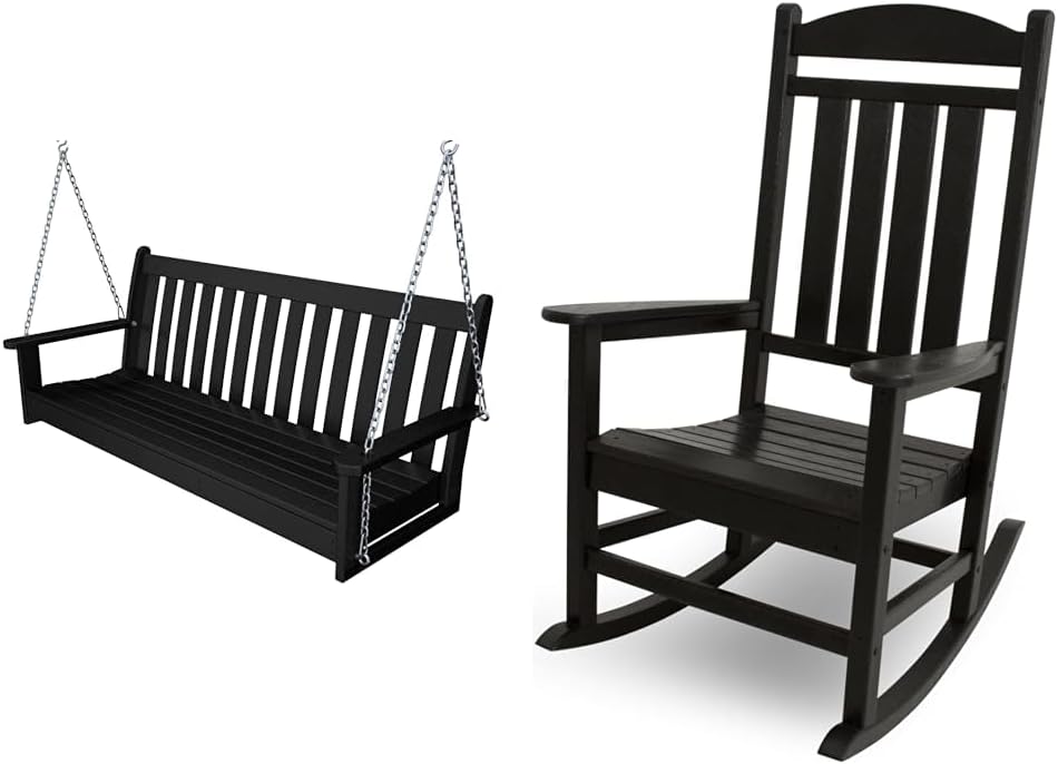 Polywood GNS60BL Vineyard 60" Outdoor Swing, Black & R100BL Presidential Rocking Chair, Black