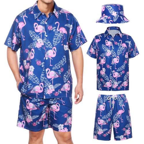 Joyesplay Camisa havaiana para homem, 3 peças, fato havaiano para homem com camisa de flamingo, calções, chapéu de pescador, camisas havaianas para verão, praias, festas na, Blau01, XXL