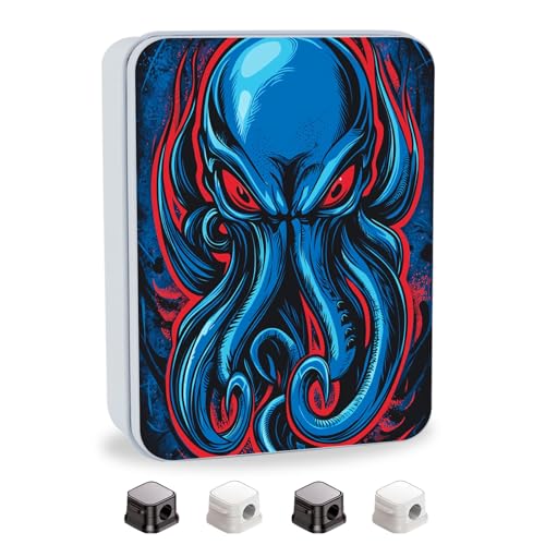Image of Metal Tin Box with Lid,Multi-functional Storage Large Box Can Store Tea Biscuits Game Cards, Playing & Tarot Cards-Comes with 4 Magnetic Cord Clips,Blue Cthulhu Skull