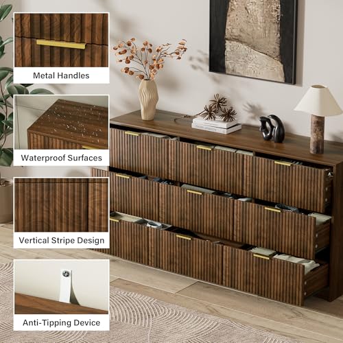 Image of Furniway 3 Piece Bedroom Set, 9 Drawer Dresser and 3-Drawer Nightstand Set of 2 with Gold Handles, Mid-Century Modern Wood Chest of Drawers Storage Cabinet for Bedroom, Walnut
