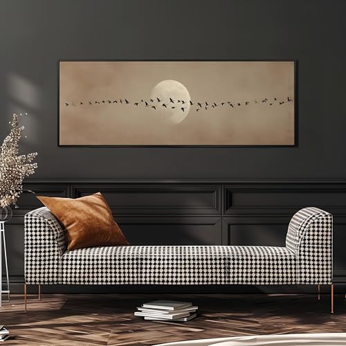 Impression sépia vintage tableau grand format oiseaux lune toile d'art panoramique