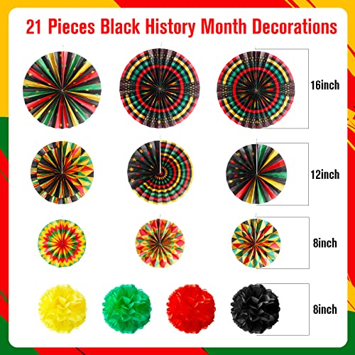 Image of Outus 21 Pcs Juneteenth Decorations Hanging Paper Fans Juneteenth Tissue Paper Poms Red Green Yellow Classroom Garland for Kente African American Party Supplies
