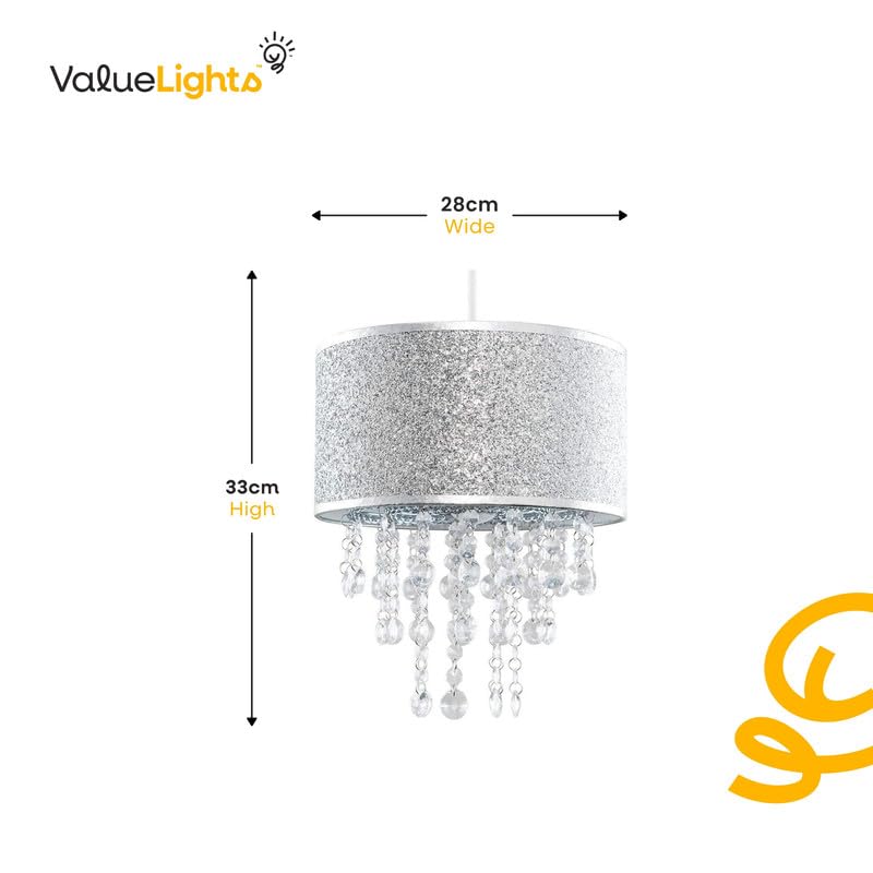 MiniSun | Modern Silver Glitter Ceiling Light Shade with Clear Acrylic Jewel Droplets | Pendant Lights, Home Décor & Improvement Essential | Includes 10W LED Bulb | 280mm Shade Width