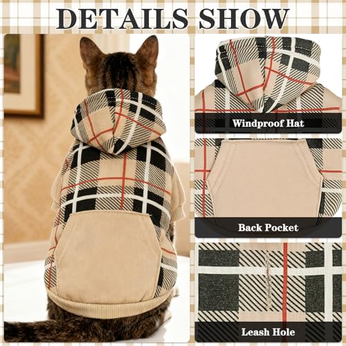 EXPAWLORER Plaid Cat Hoodie - British Style Warm Cat Sweater Shirt with Leash Hole,Pet Clothes Outfits,Winter Coat Apparel for Puppy Cats Girl Boy-Kitten Apparel,Beige M - Thumbnail 3